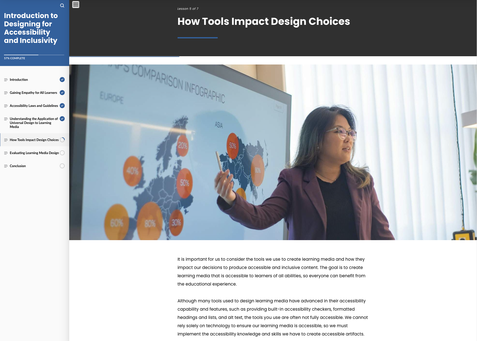 A woman displaying a world map infographic with the title, "How Tools Impact Design Choices".