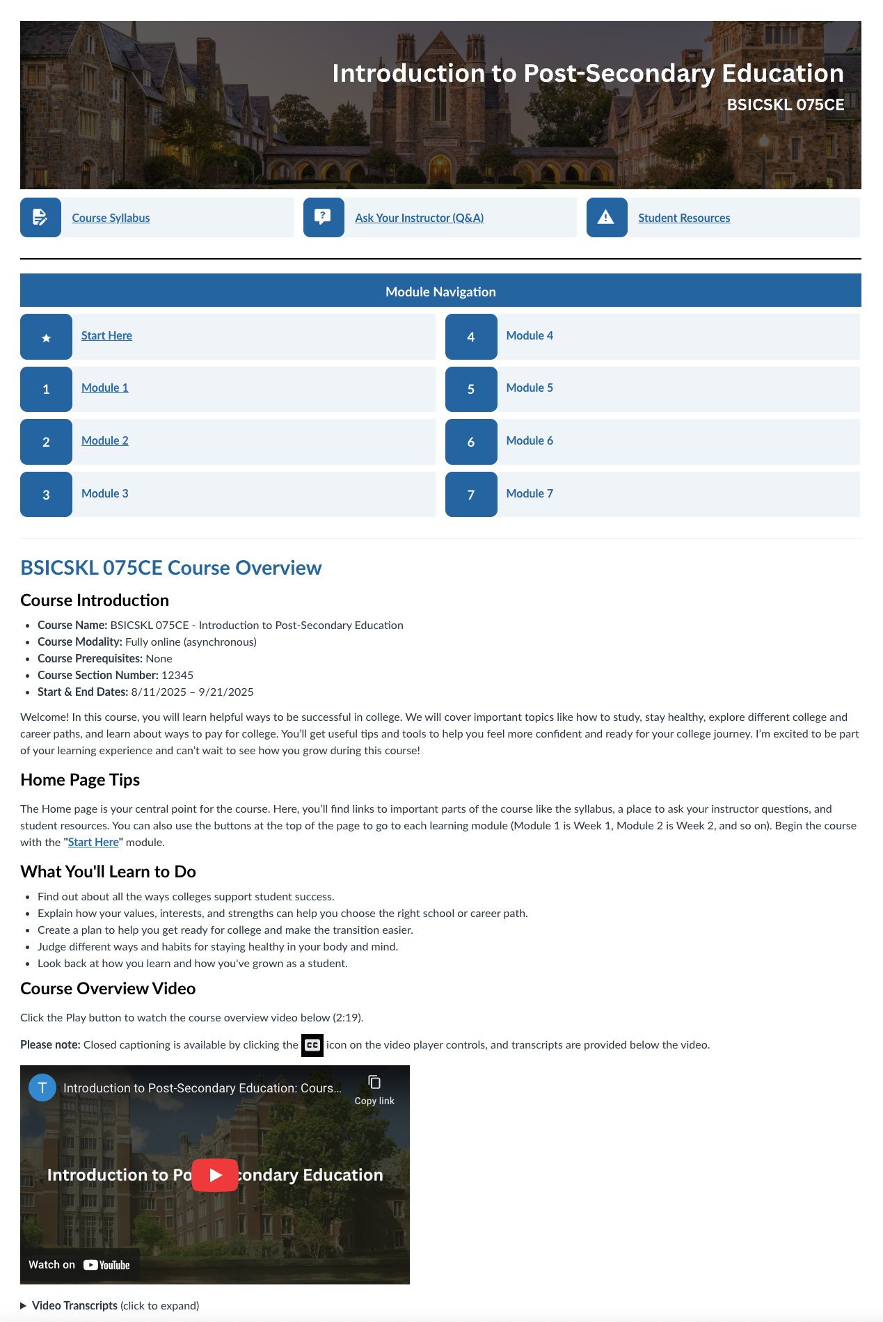 Introduction to Post-Secondary Education online Canvas course homepage.